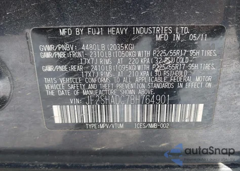 2011 Subaru Forester 2.5X Premium from USA, damaged, VIN JF2SHADC7BH764901
